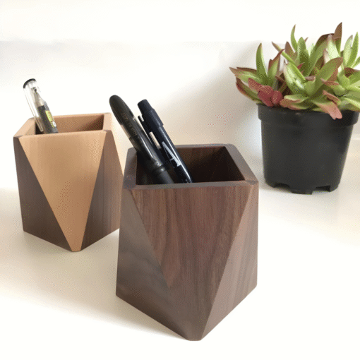 Square solid wood pen holder for pens, pencils, and stationery storage on desk