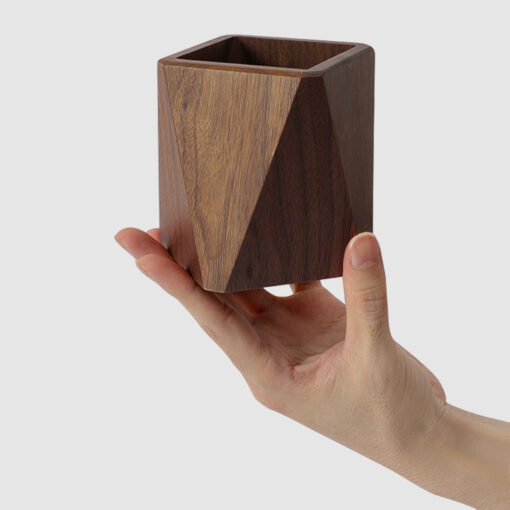 Square solid wood pen holder for pens, pencils, and stationery storage on desk